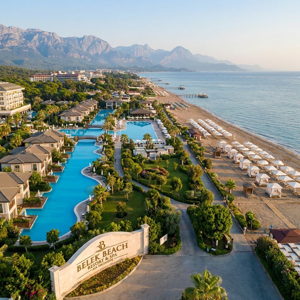 Belek Beach luxury resort with pools, beach, and Mediterranean Sea