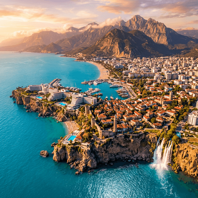 Aerial view of Antalya coastline with turquoise Mediterranean Sea and Taurus Mountains