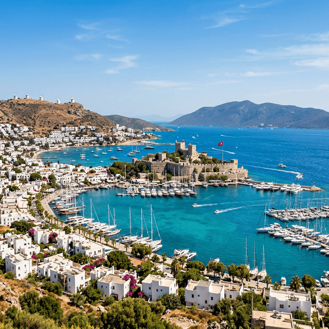 Bodrum Castle and marina with white houses and turquoise Aegean Sea waters