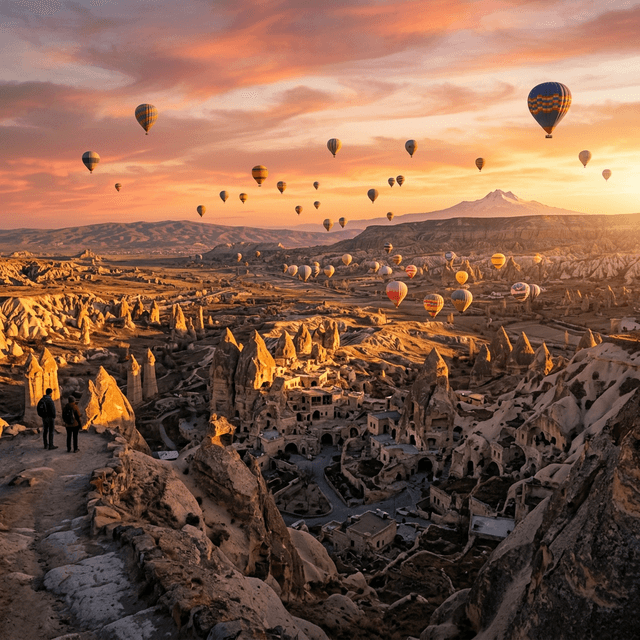 Hot air balloons floating over fairy chimneys at sunrise in Cappadocia Turkey