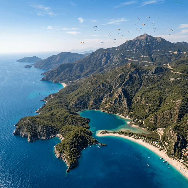 Ölüdeniz Blue Lagoon aerial view with paragliders and pine-covered mountains in Dalaman region