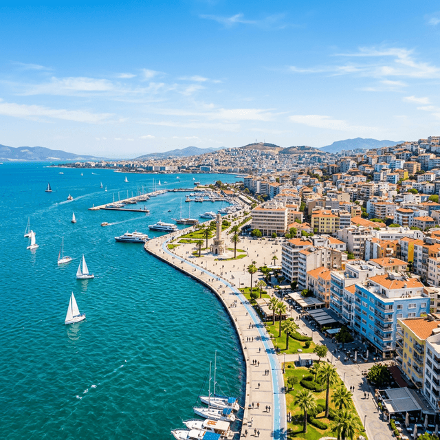 Panoramic view of Izmir waterfront promenade with Aegean Sea and sailboats