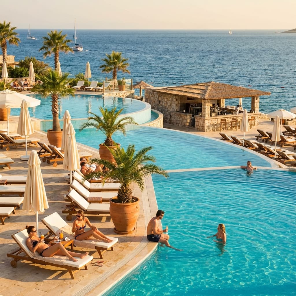 Luxury all-inclusive resort infinity pool overlooking Mediterranean sea