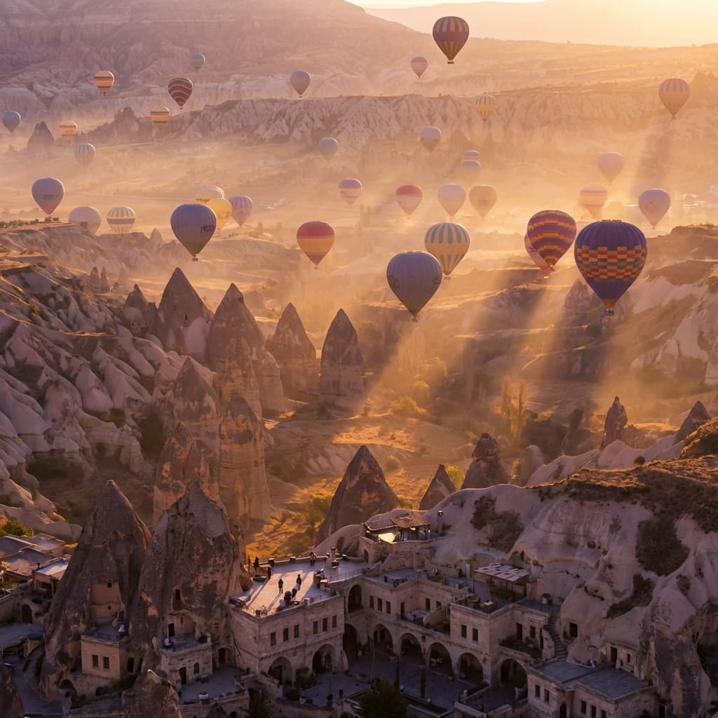 Hot air balloons floating over Cappadocia fairy chimneys at sunrise