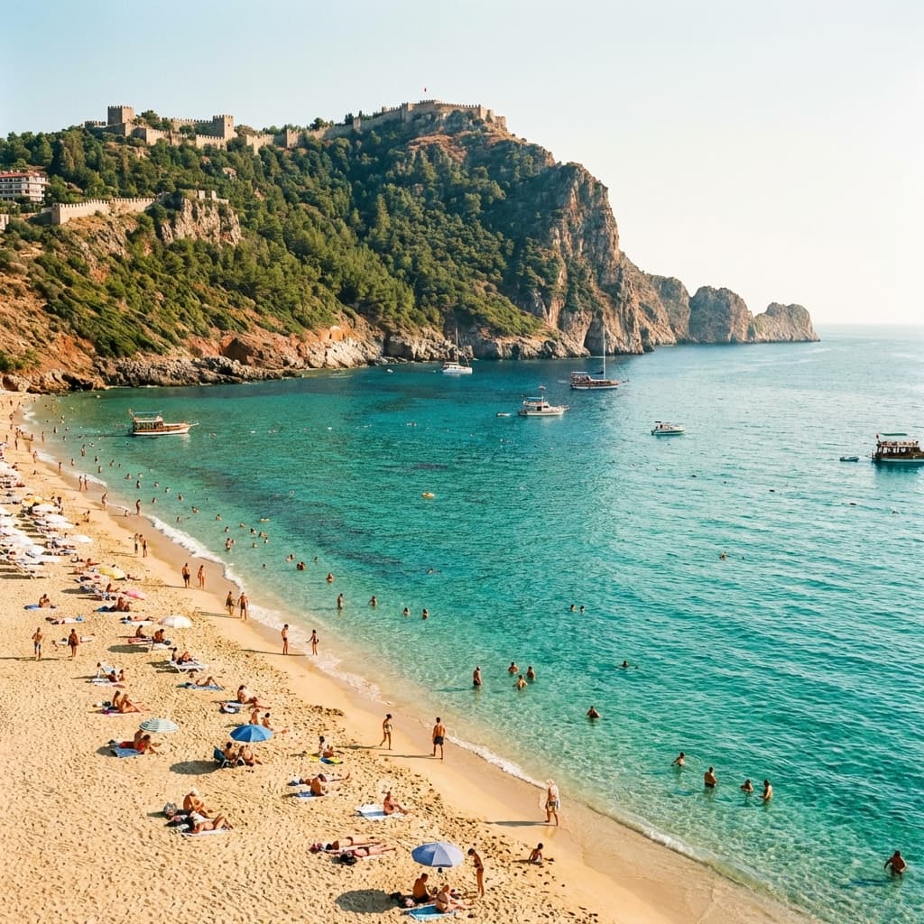 Cleopatra Beach Alanya with crystal turquoise water and Alanya Castle on the peninsula