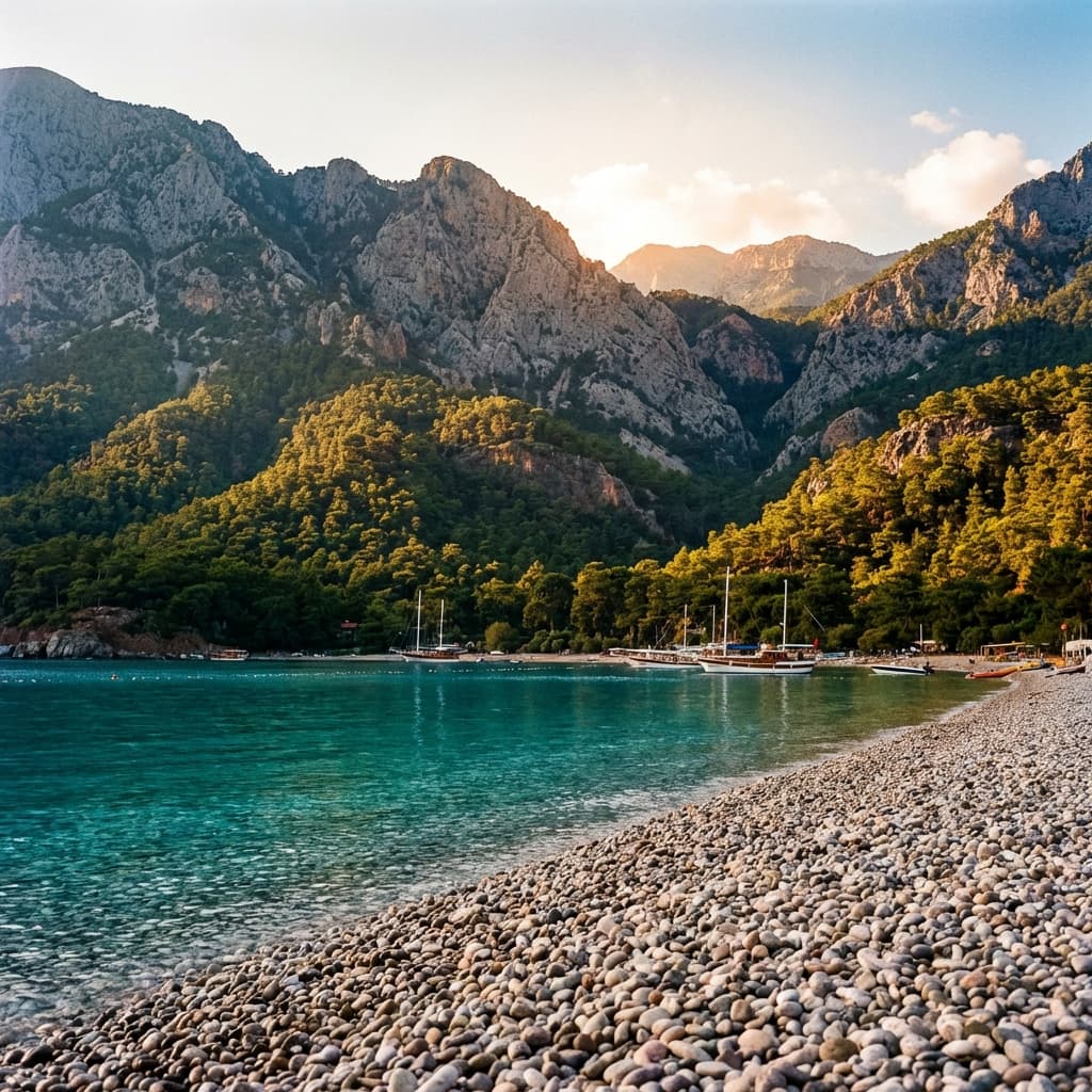 Kemer beach with smooth pebbles, turquoise Mediterranean water, and dramatic Taurus Mountains rising behind
