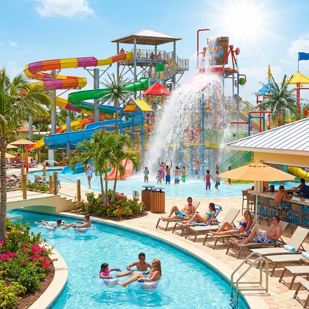 Colorful waterpark with slides and splash zone at family resort