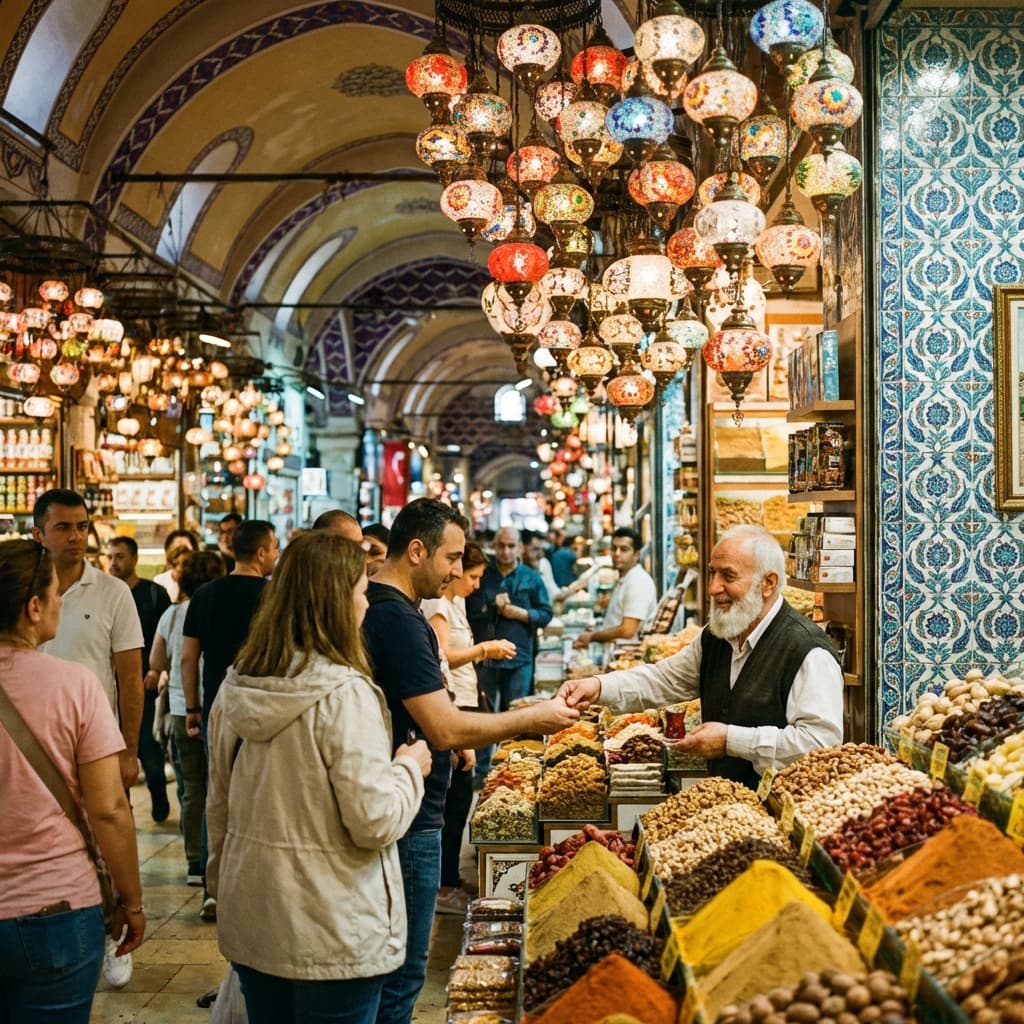 Colorful Turkish bazaar scene with lanterns and spices
