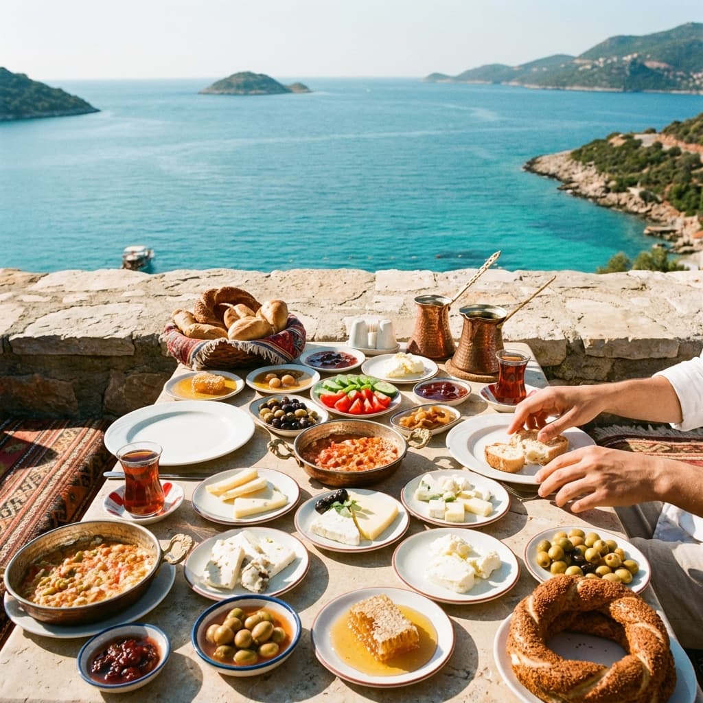 Traditional Turkish breakfast spread with Mediterranean sea view