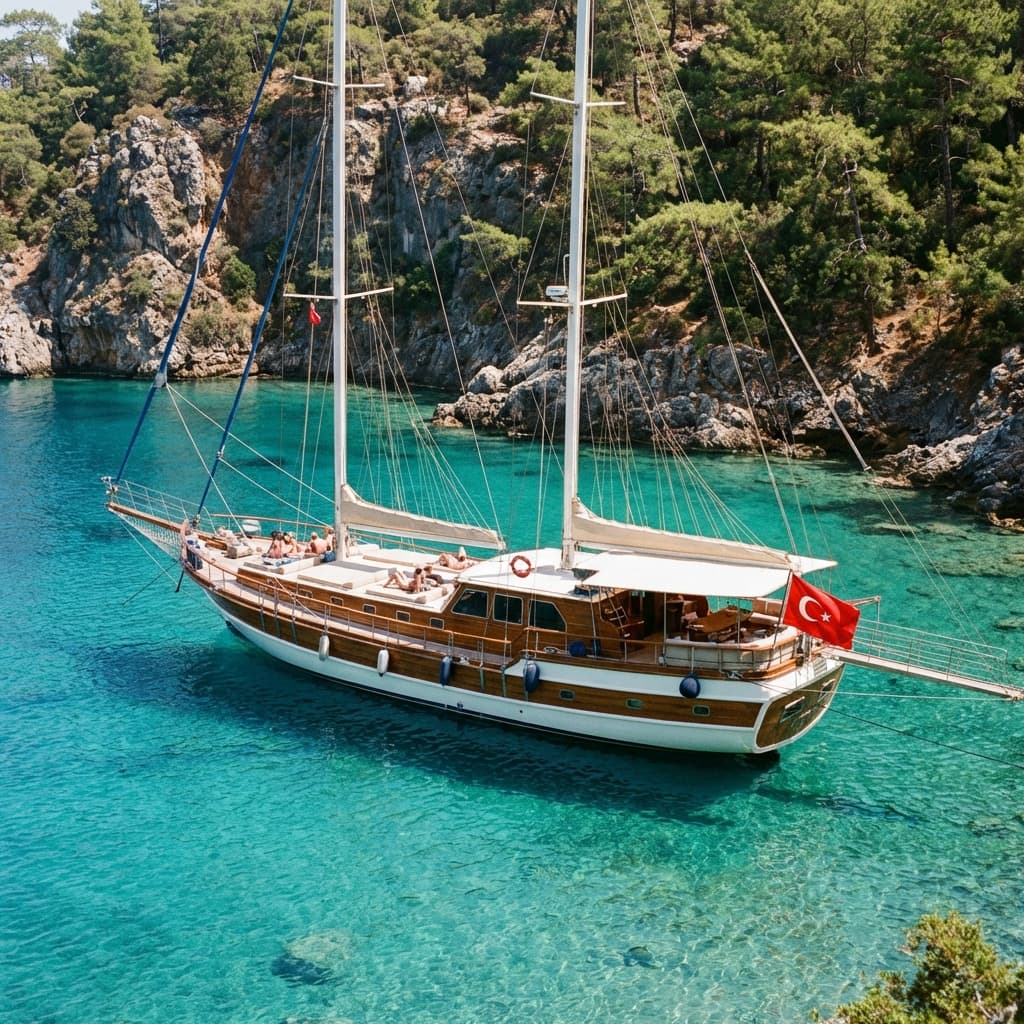 Traditional Turkish gulet sailing boat in turquoise Mediterranean bay